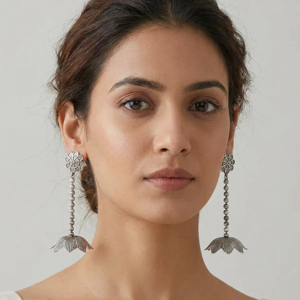 Oxidized Silver Floral Drop Earrings