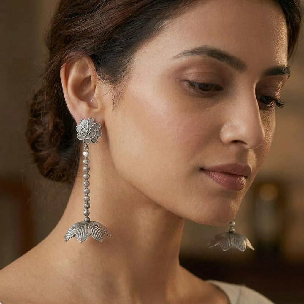 Oxidized Silver Floral Drop Earrings